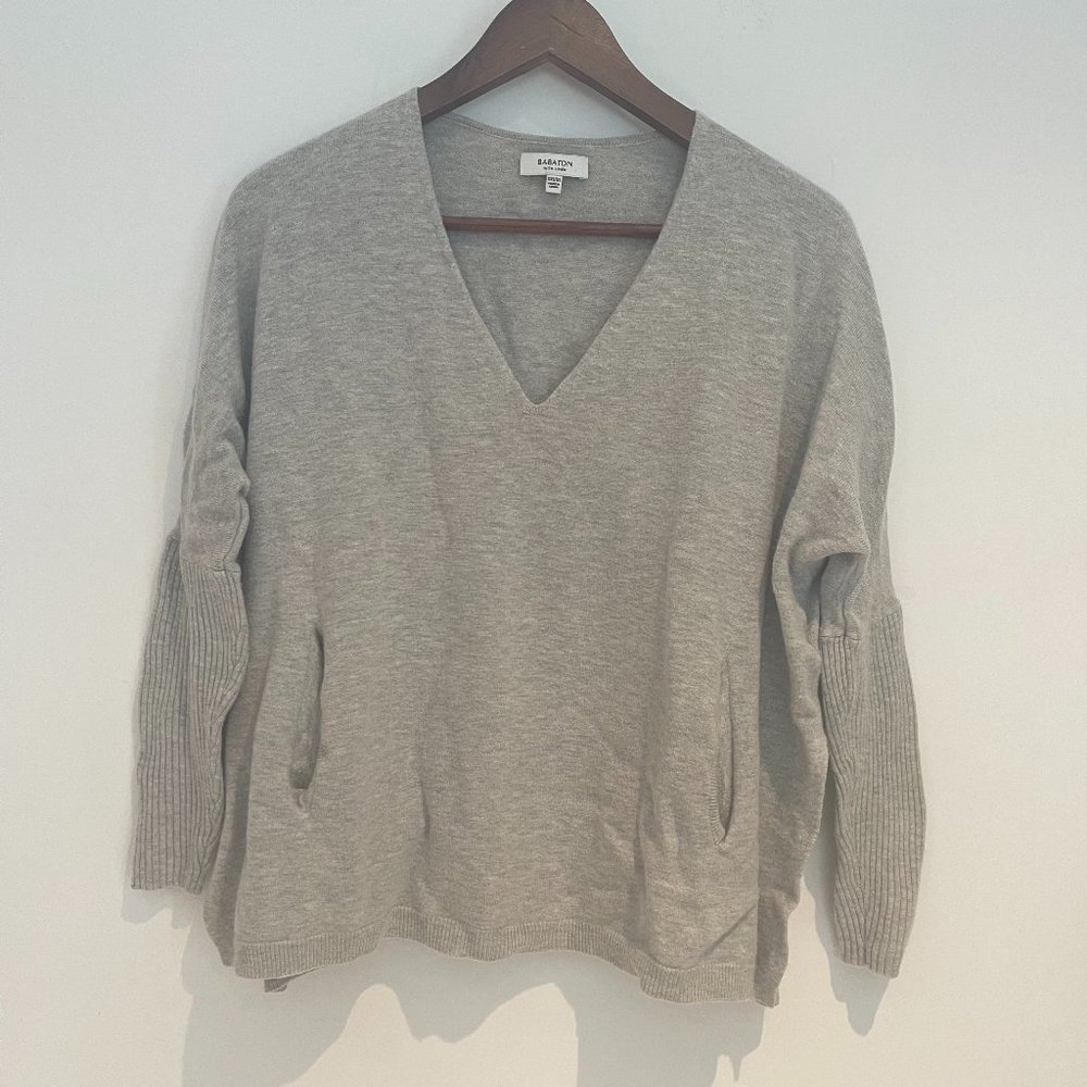 Aritzia Babaton Gray Sweater V-neck Front Pockets Wool Linen Blend Size XXS/XS